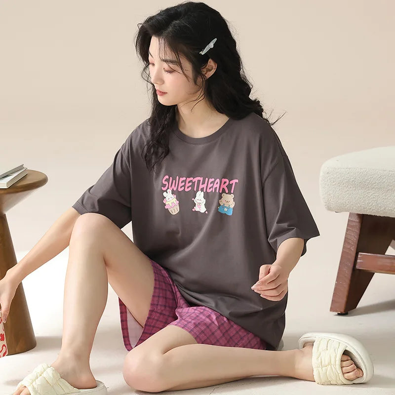 Dropshipping Female Pijamas Cartoon Summer Short Women Pajamas Sleeve Shorts Nightwear Sweet Sleepwear Pyjamas Woman Home Suit