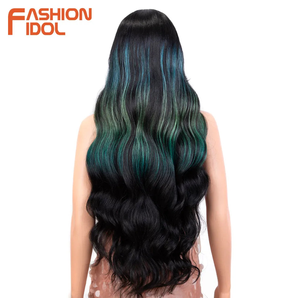 FASHION IDOL 34 Inch Lace Front Wigs Synthetic Ombre Blonde Brown Colorful Wigs For Women Heat Resistant Fiber Cosplay Wigs