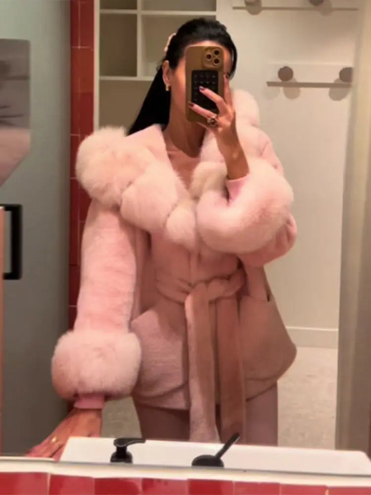 Elegant Hoody Faux Fur Women's Coat Loose Long Sleeve Pocket Warm Thicken Lady Coats 2025 Autumn Winter Chic Lady Streetwear