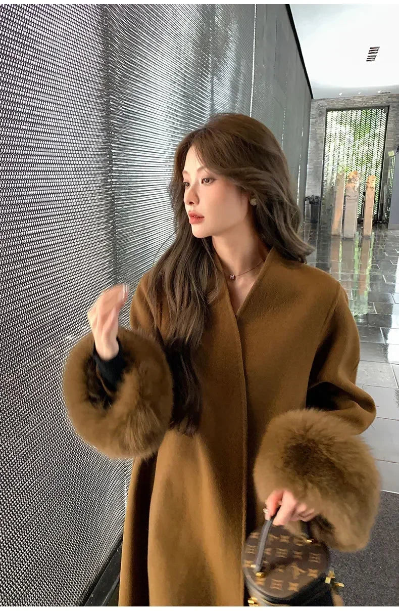 Elegant Warm Woolen Coats Real Fur Jacket with Belt Loose Fashion Outerwears 2024 Women Big Fur Collar Overcoats Female
