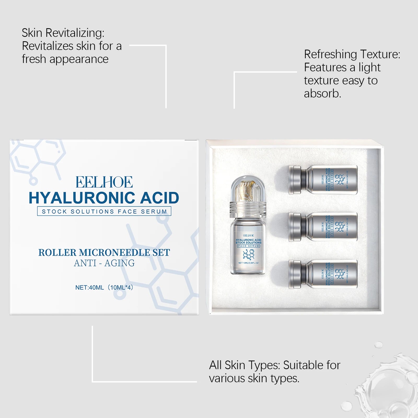 Hyaluronic Acid Stock Solutions Face Serum with Roller Microneedle Set Moisturizing Anti-Wrinkle Facial Serum Smoothing Refresh