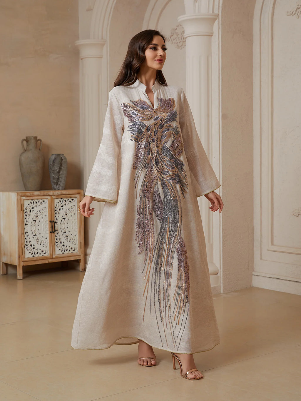 Uni Dubai Sequins Embroidery Luxury Woman Evening Dress Mesh Sleeve Abaya V-Neck Beaded Caftan Marocain Femme 2025