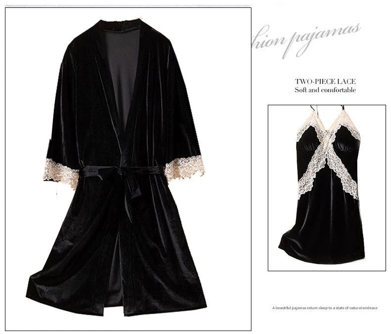 Pajama Set Woman Thick Flannel Velvet Female Fall Sexy Lace Long-sleeved Suit With Corset Pads Sling Nightgown Robe Homewear