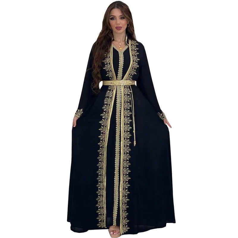 Dress Suit Women Eid Muslim Abaya Party Dresses 2 Piece Sets Embroidery Sashes Ramadan Dubai Kaftan Vestidos Jalabiya Long Robe