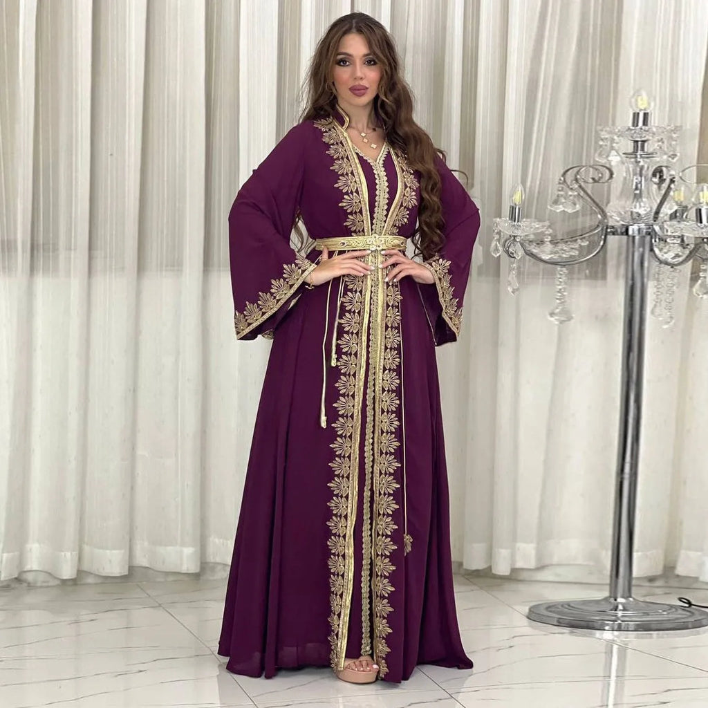 Dress Suit Women Eid Muslim Abaya Party Dresses 2 Piece Sets Embroidery Sashes Ramadan Dubai Kaftan Vestidos Jalabiya Long Robe