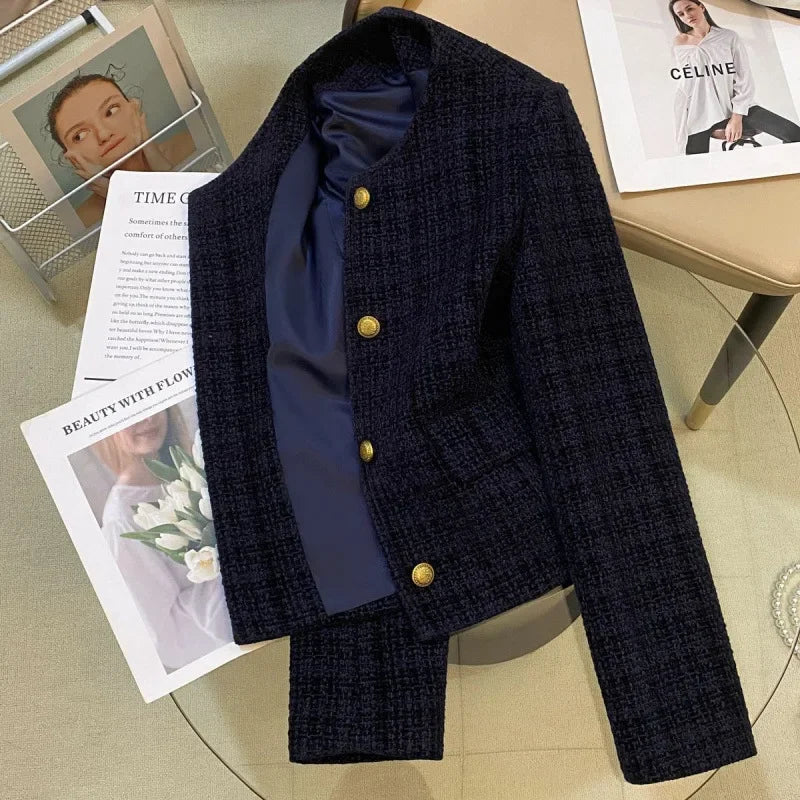 Short Quilted Shoulder Padded Coat for Women Autumn New Style French Lady Elegant Design Retro Top Pure Color round Neck Coat