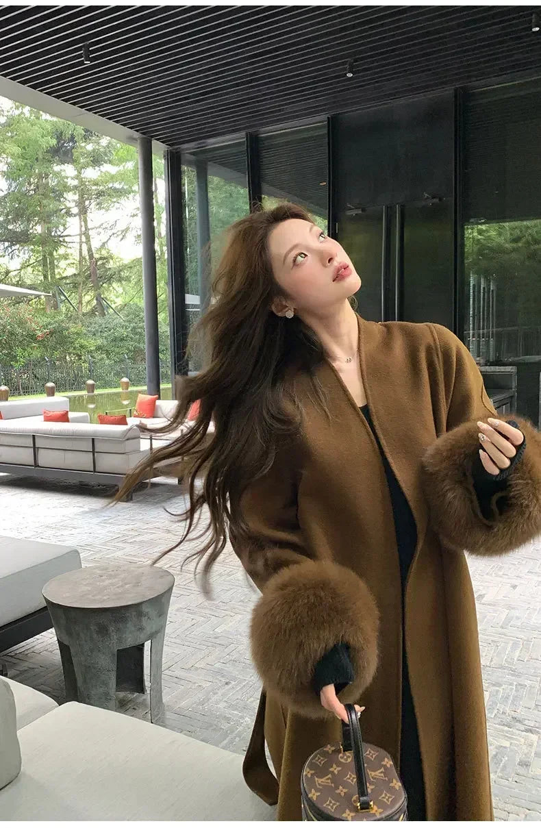 Elegant Warm Woolen Coats Real Fur Jacket with Belt Loose Fashion Outerwears 2024 Women Big Fur Collar Overcoats Female