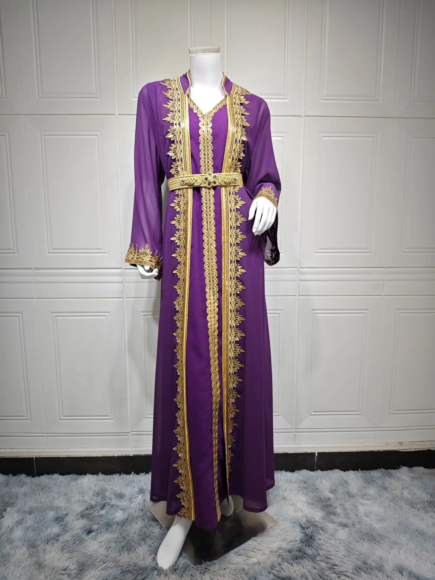 Dress Suit Women Eid Muslim Abaya Party Dresses 2 Piece Sets Embroidery Sashes Ramadan Dubai Kaftan Vestidos Jalabiya Long Robe