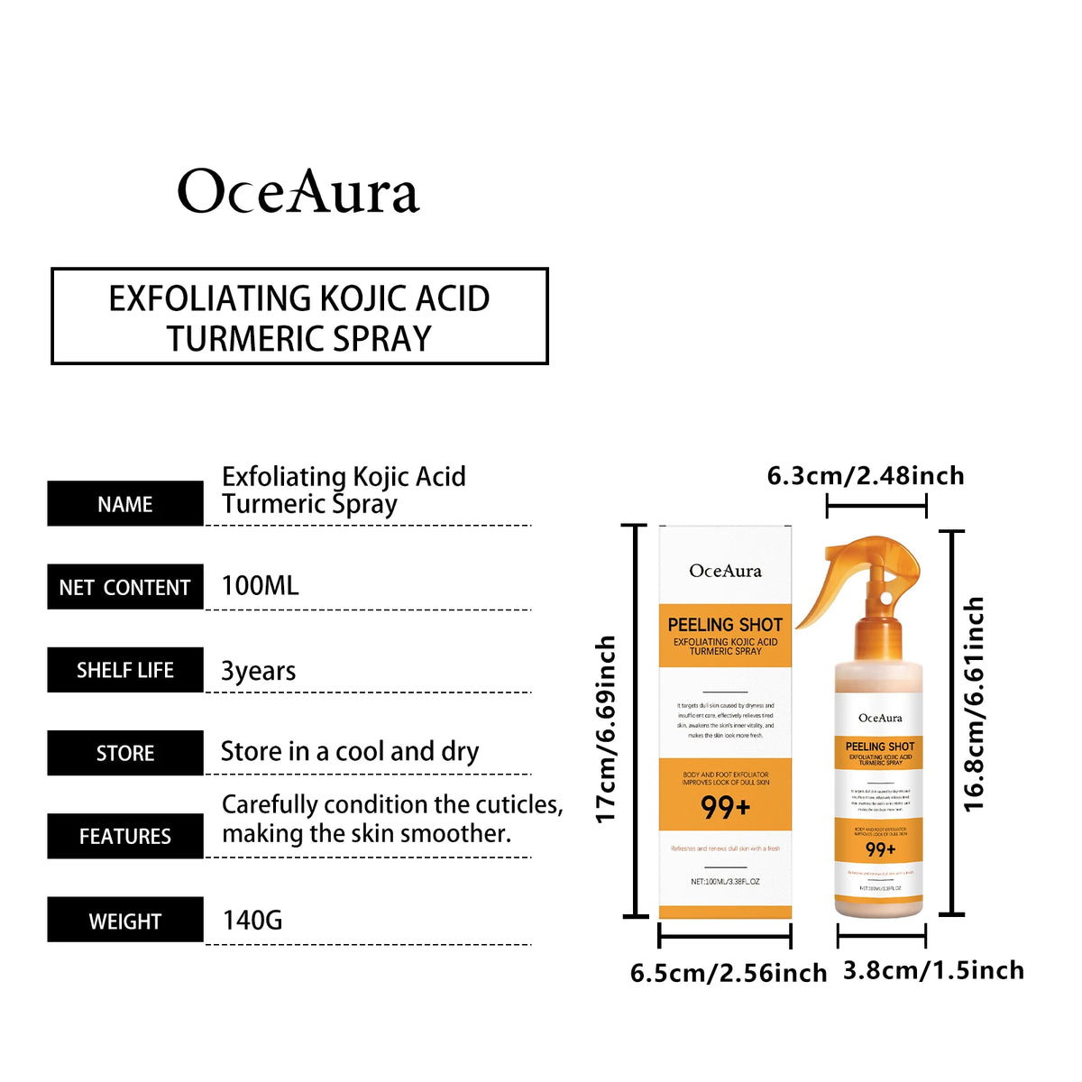 OceAura بخاخ تقشير لطيف بحمض الكوجيك والكركم — 100ml