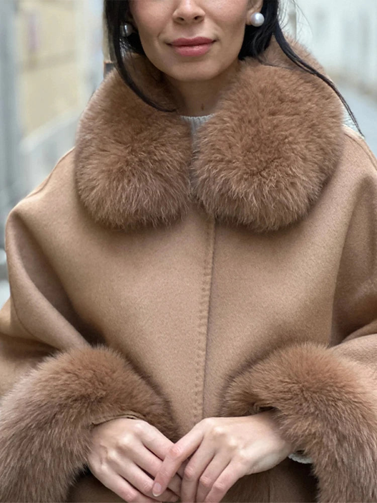 Elegant Fur Patchwork Shawl Coat Women Khaki Woolen Long Sleeve Lapel Open Stitch Loose Coats 2025 Fashion Autumn Winter Outwear