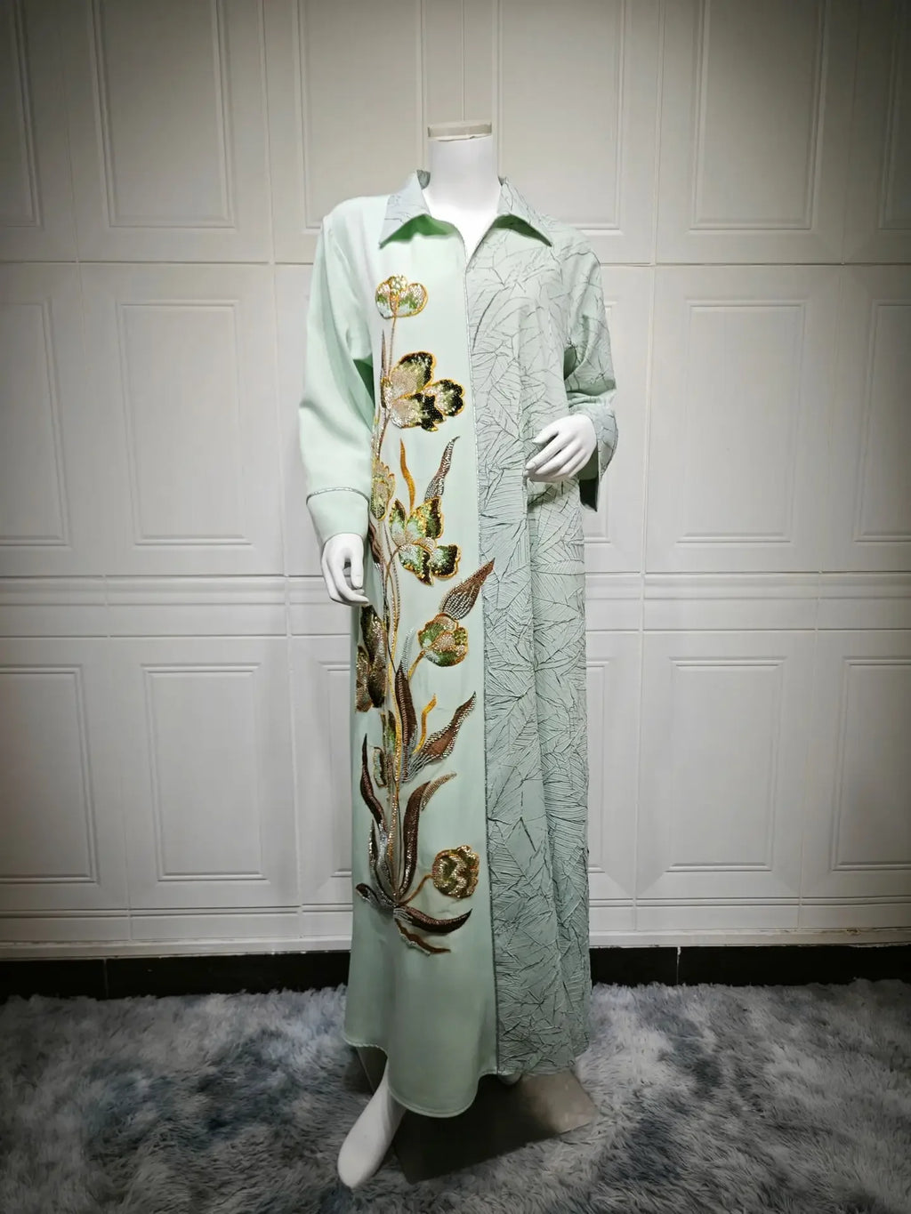 Eid Abaya Party Dress Women Lapel Shirt Dresses Sequins Embroidery Office Lady Muslim Jalabiya Ramadan Vestidos Largos Robe