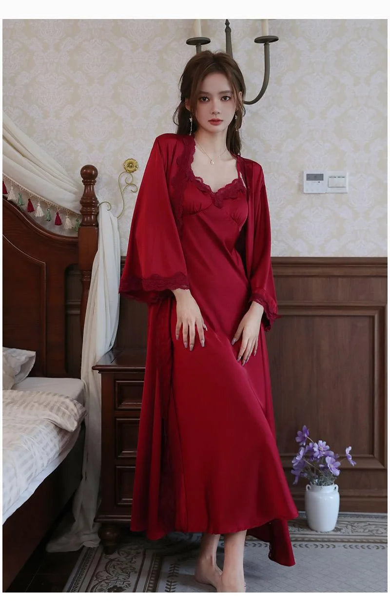 Sexy Ladies Silk Homewear French Pajamas Women's Spring And Fall Senior Ice Silk Extra-long Nightgown Wedding Bride Robe