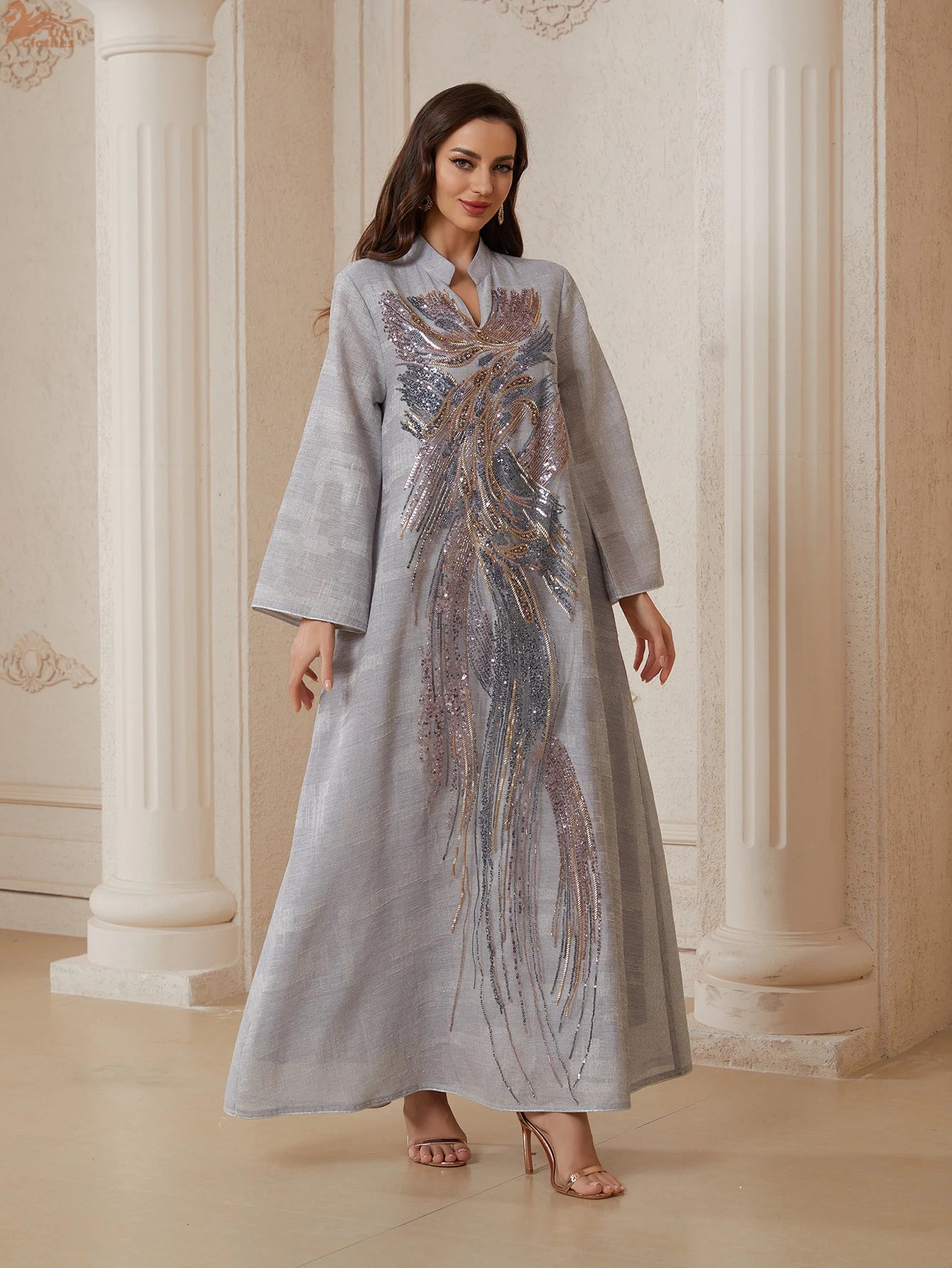 Uni Dubai Sequins Embroidery Luxury Woman Evening Dress Mesh Sleeve Abaya V-Neck Beaded Caftan Marocain Femme 2025