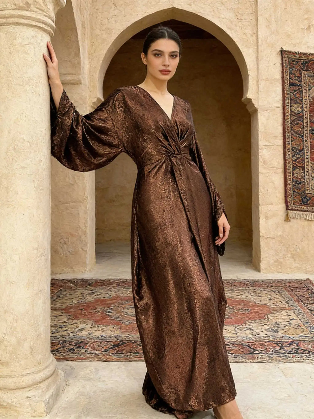 Elegant Golden Shiny Fabric V-Neck Twist Detail Batwing Sleeve Abaya Maxi Dress Women Muslim Moroccan Kaftan Ramadan Jalabiya