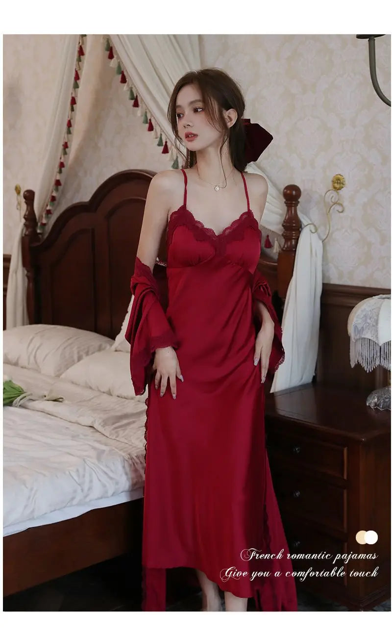 Sexy Ladies Silk Homewear French Pajamas Women's Spring And Fall Senior Ice Silk Extra-long Nightgown Wedding Bride Robe