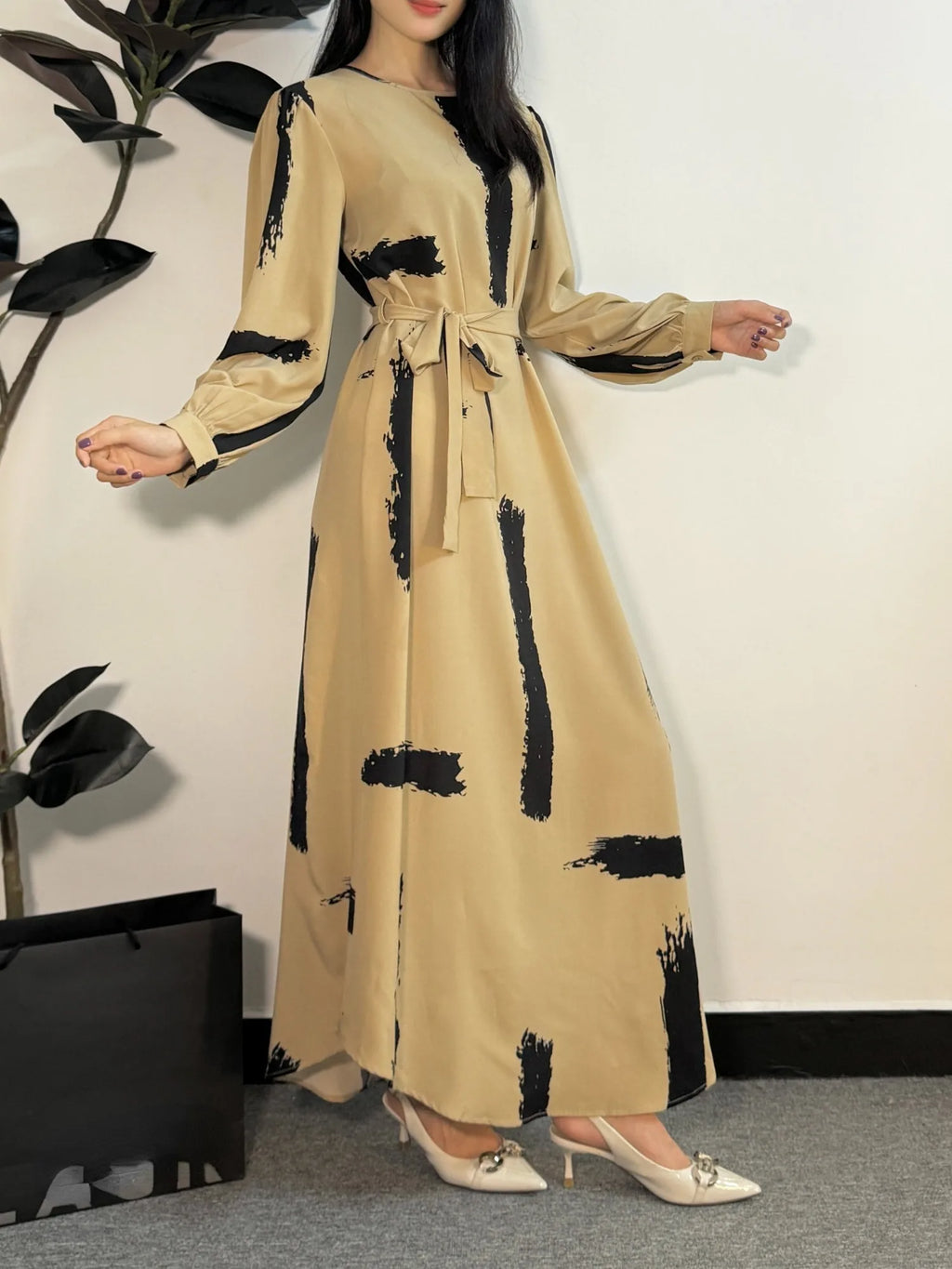 Muslim Dress Women Prayer Dresses Abayas Fashion Female O-neck Full Sleeve A-line Casual Long Ramadan Maxi Dresses With Belt