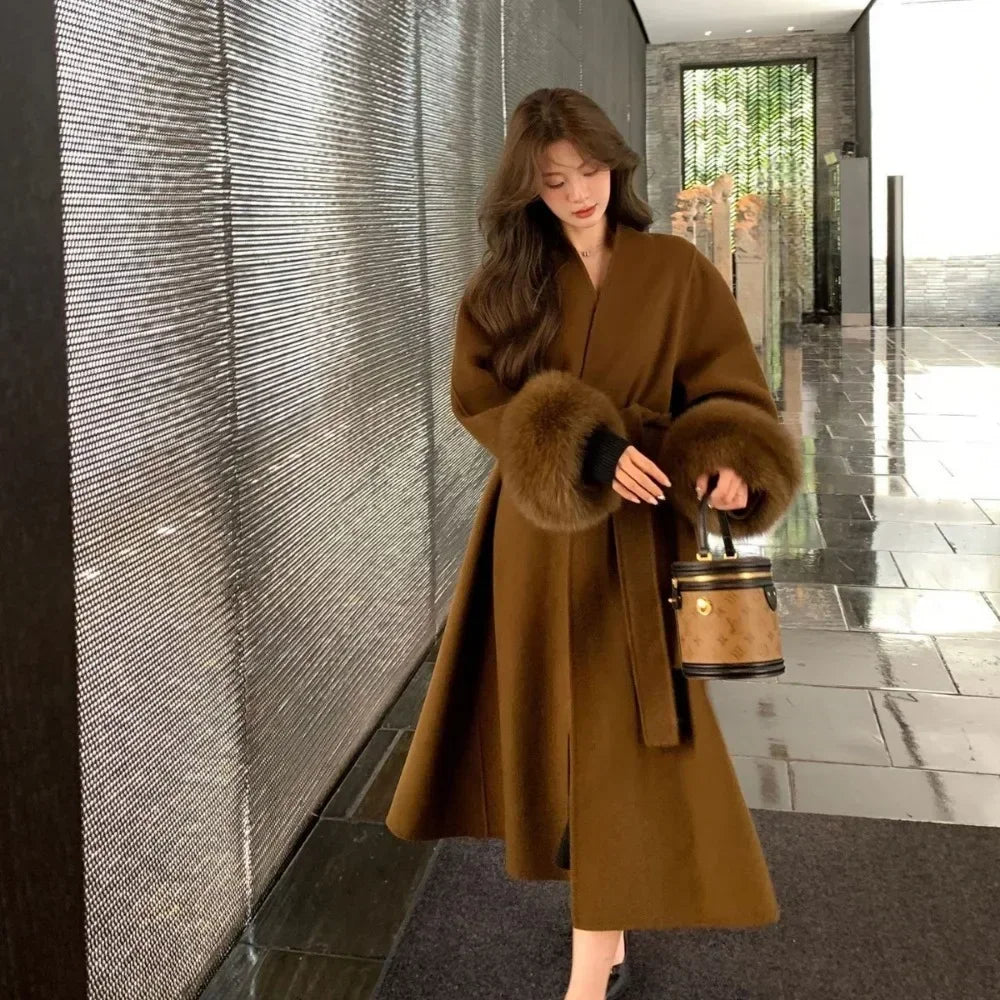 Elegant Warm Woolen Coats Real Fur Jacket with Belt Loose Fashion Outerwears 2024 Women Big Fur Collar Overcoats Female