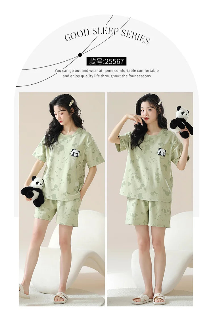 Female Summer Pijamas Short Women Cotton Pajamas Sleeve Shorts Nightwear Sweet Sleepwear Cartoon Pyjamas Woman Home Suit