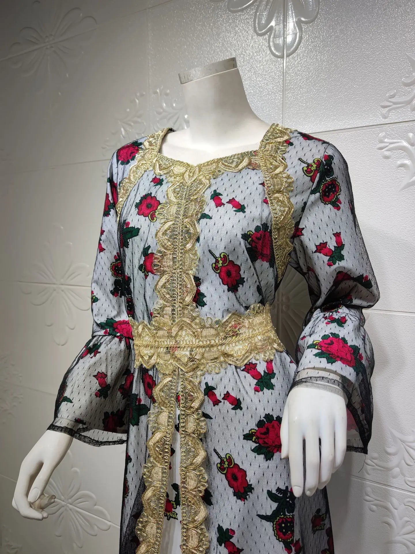 Luxury Middle East Abayas for Women Dubai Dress Lace Applique Mesh Printing Long Sleeves Elegant Evening Party Muslim Clothes
