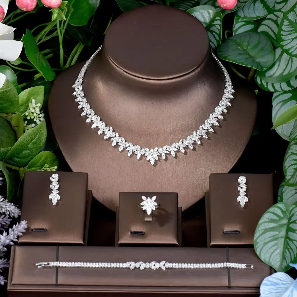 Fashion Cubic Zircon Leaf Pendant Necklace and Earrings Set 4PCS Bridal Wedding Jewelry Set for Women Gifts Bijoux  S-353