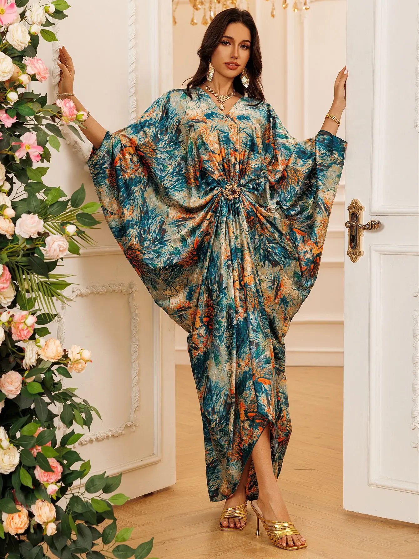 Eid Women Dress Muslim Abaya Print V Neck Party Jalabiya Ramadan Long Dresses Abayas Vestidos Largos Kaftan Arab Long Robe 2025