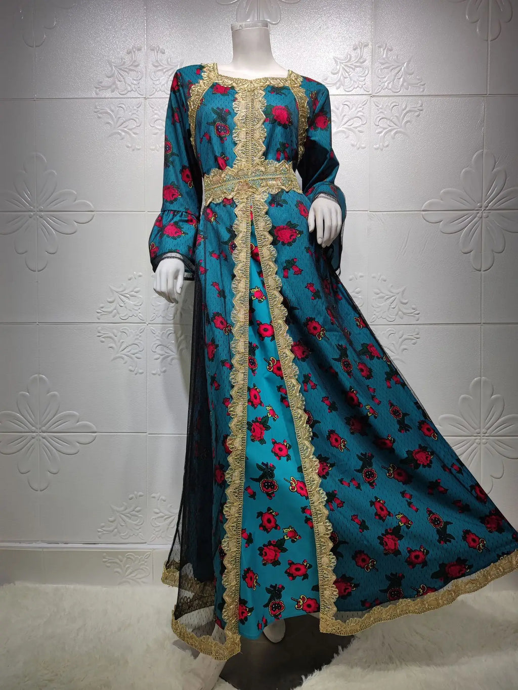 Luxury Middle East Abayas for Women Dubai Dress Lace Applique Mesh Printing Long Sleeves Elegant Evening Party Muslim Clothes