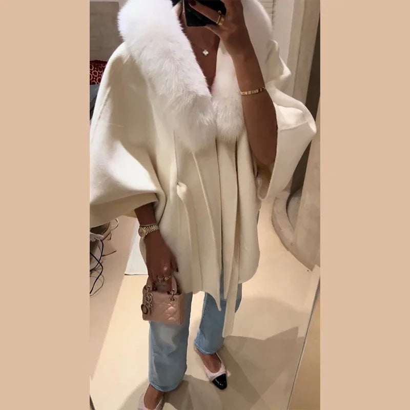 Elegant Fur Shawl Women's Coat Long Sleeve Patchwork Woolen Lace Up V-neck Solid Female Coats 2025 Autumn Winter Lady Jackets