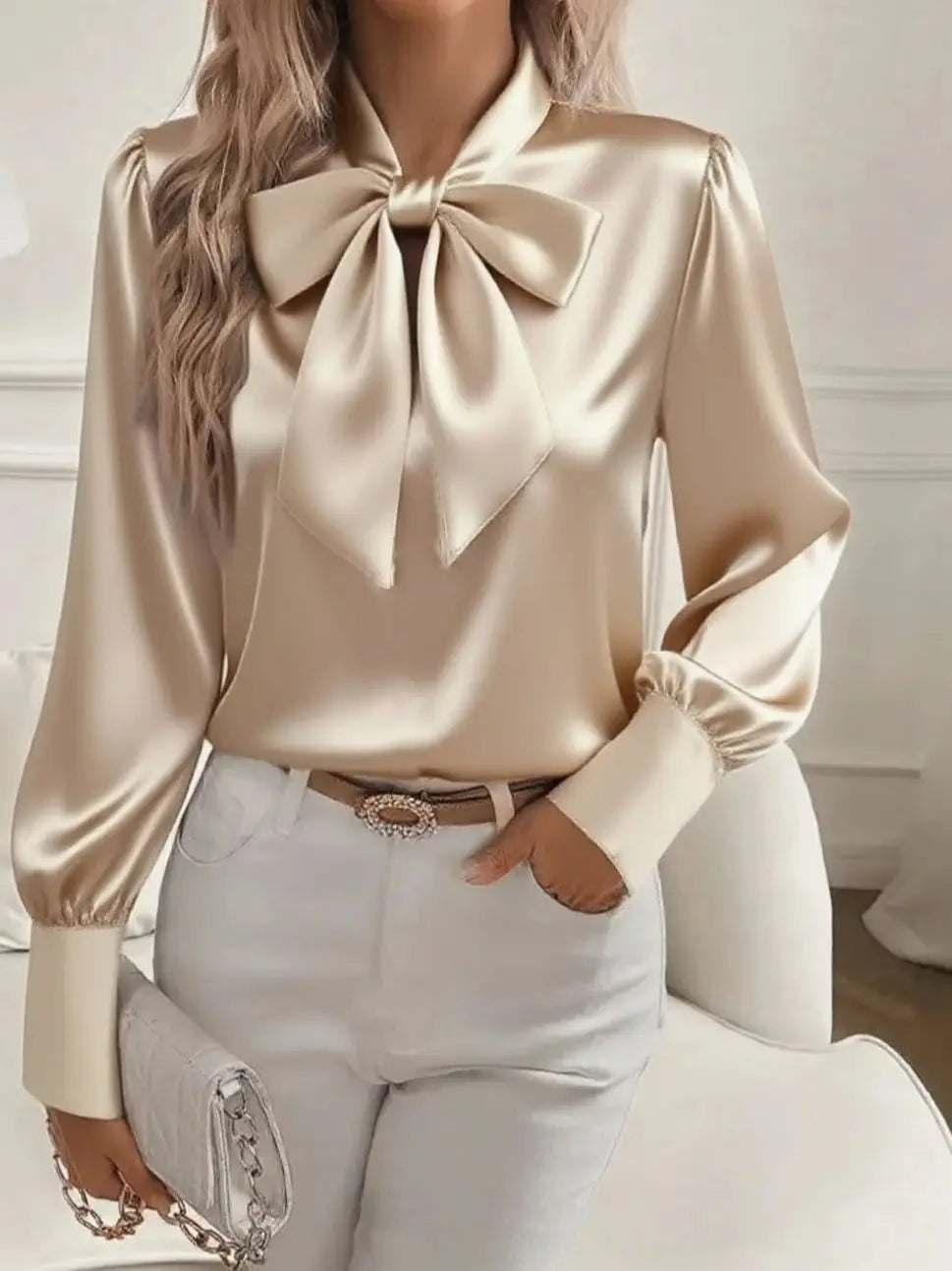 Women's Satin Solid Color Bow Tie Neck Long Sleeve Dressy Elegant Tie Neck Blouse Shirt Tops, Casual Office Work Blouse Tops