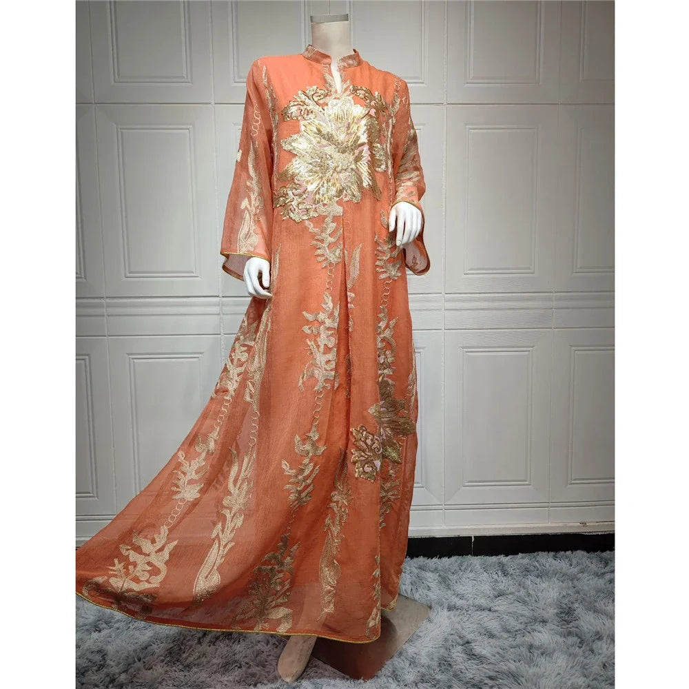 Muslim Abaya Dress Dubai Ramadan Sequins Floral Embroidered Moroccan Caftan Women Evening Gown Eid Djellaba Jalabiya Vestidos