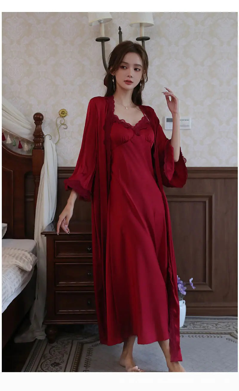 Sexy Ladies Silk Homewear French Pajamas Women's Spring And Fall Senior Ice Silk Extra-long Nightgown Wedding Bride Robe