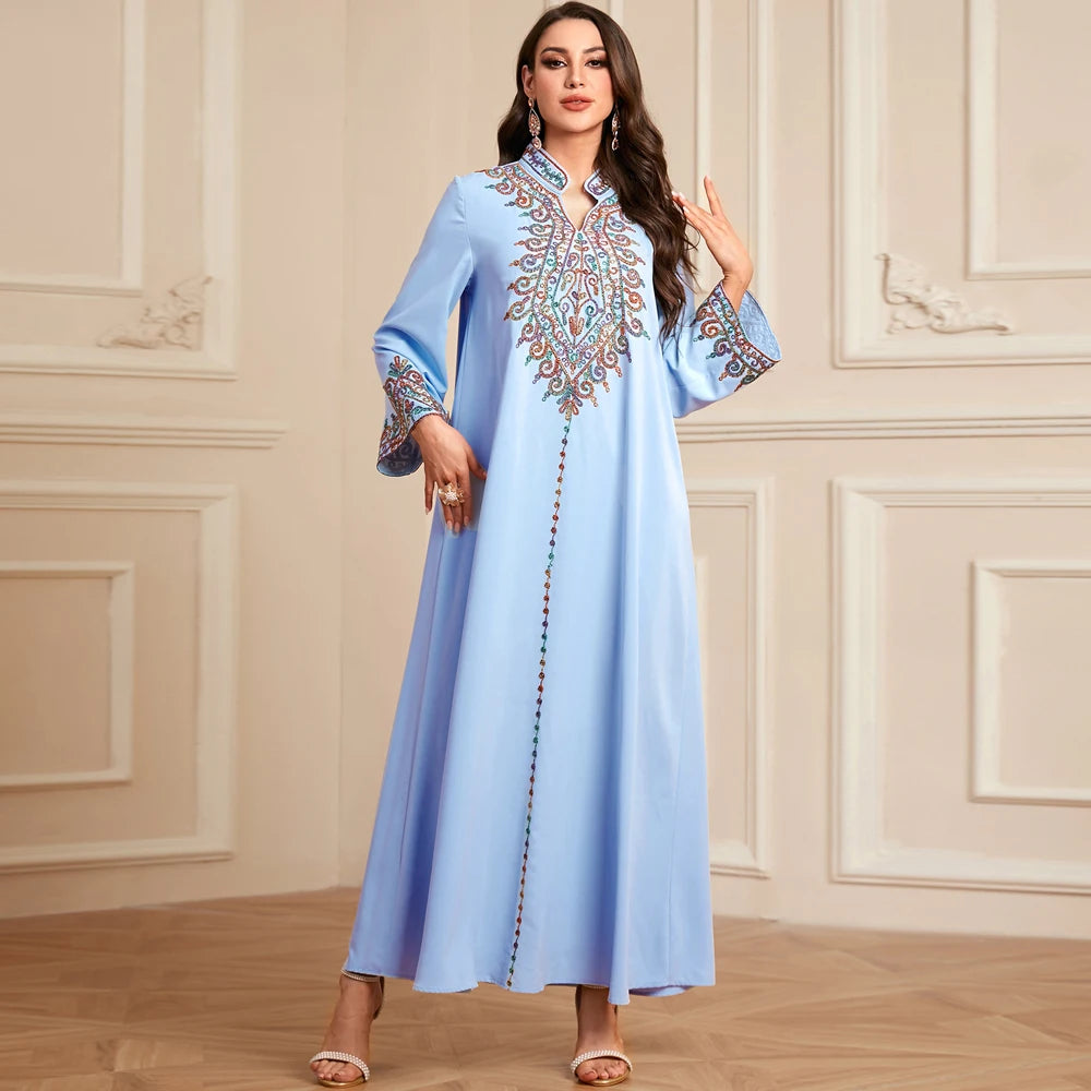 Uni Embroidery V-Neck Long Dress Dubai Arab Abaya For Muslim Woman Loose Moroccan Saudi Ethnic Jalabiya Fashion Robe 2026