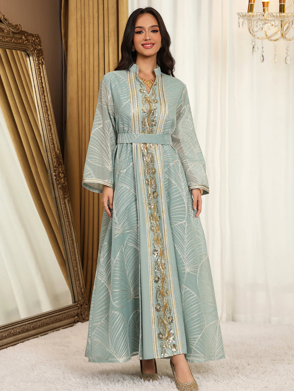 Women Mesh Sequins Dress Elegant Abaya  Eid Party Gorgeous Embroidery Dresses Lace-up Muslim Jalabiya  Vestidos Largos Robe 2025