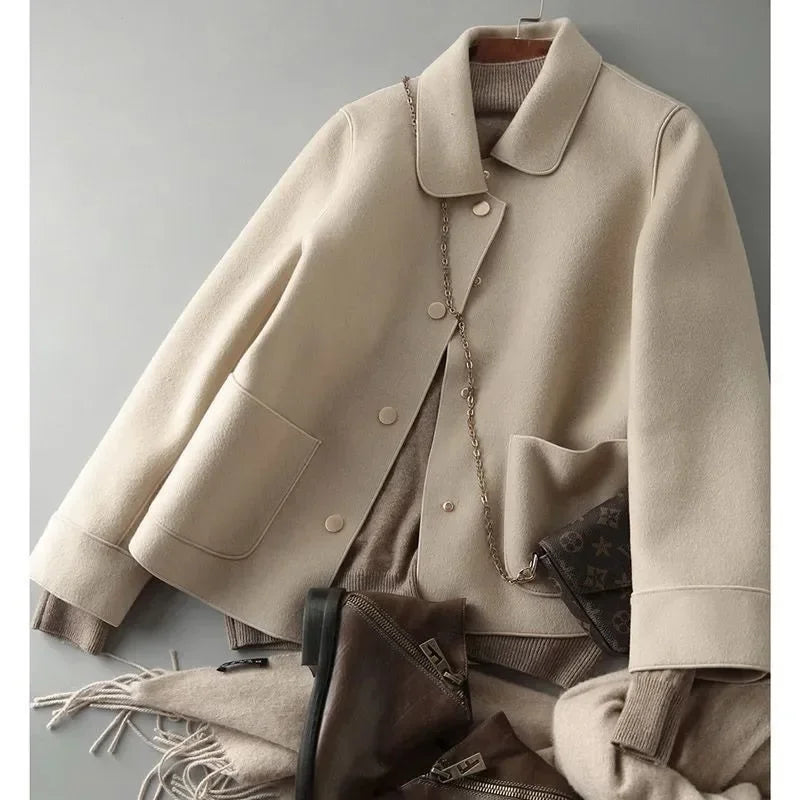 Double-Sided Woolen Short Coat Women's Suiting Jacket Autumn Winter New Style Turn-down Collar New Top Polyester Fiber