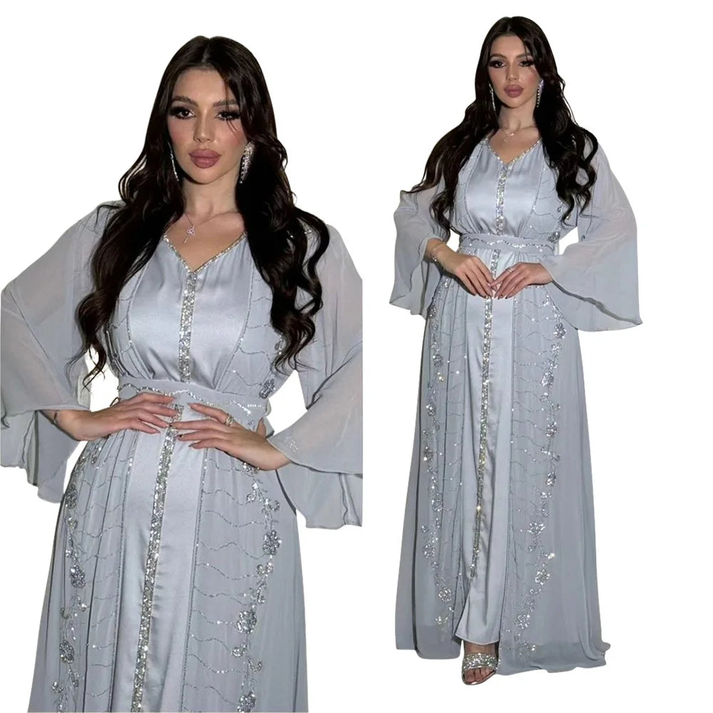 Muslim Middle East Diamonds Jalabiya Women 2 Pieces Dress Set Dubai Turkey Kaftan Abaya Marocain Robe Arabic Djellaba Eid Gown