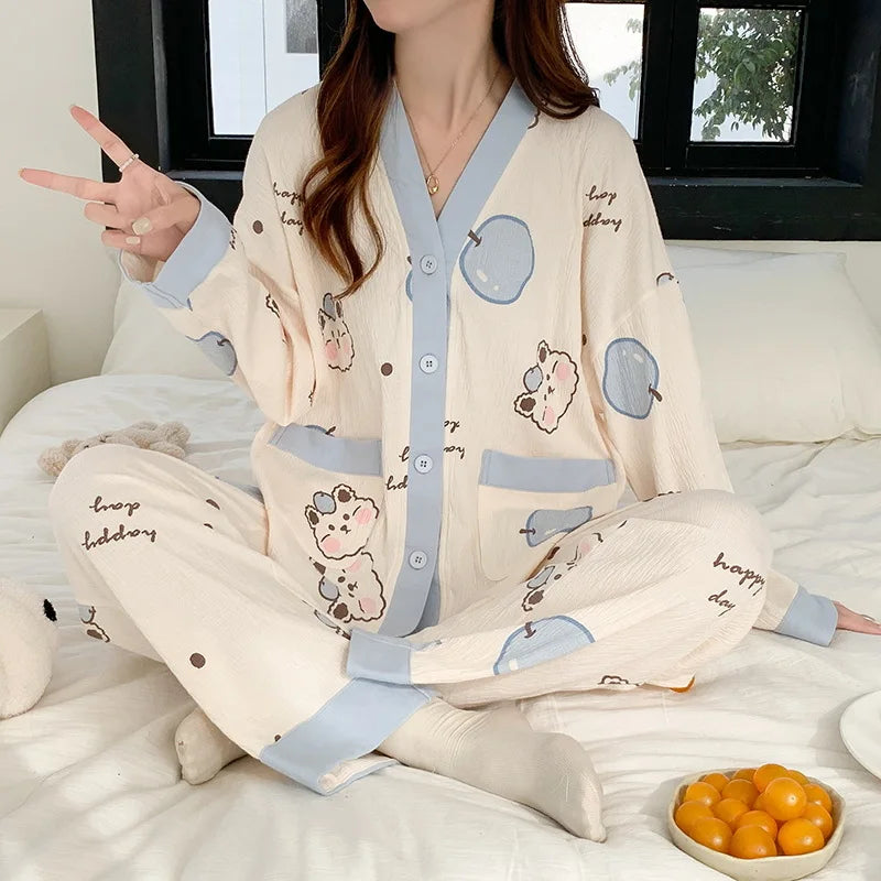 Sexy Pajamas Women's Long-sleeved Cotton Sleepwear Night Gown Home Clothes Pajamas Lounge Wear Loose Suit Home Service