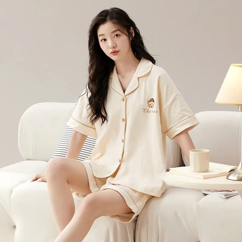 Dropshipping Female Pijamas Cartoon Summer Short Women Pajamas Sleeve Shorts Nightwear Sweet Sleepwear Pyjamas Woman Home Suit