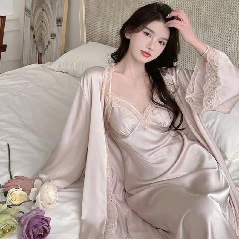 Sexy Ladies Silk Homewear French Pajamas Women's Spring And Fall Senior Ice Silk Extra-long Nightgown Wedding Bride Robe