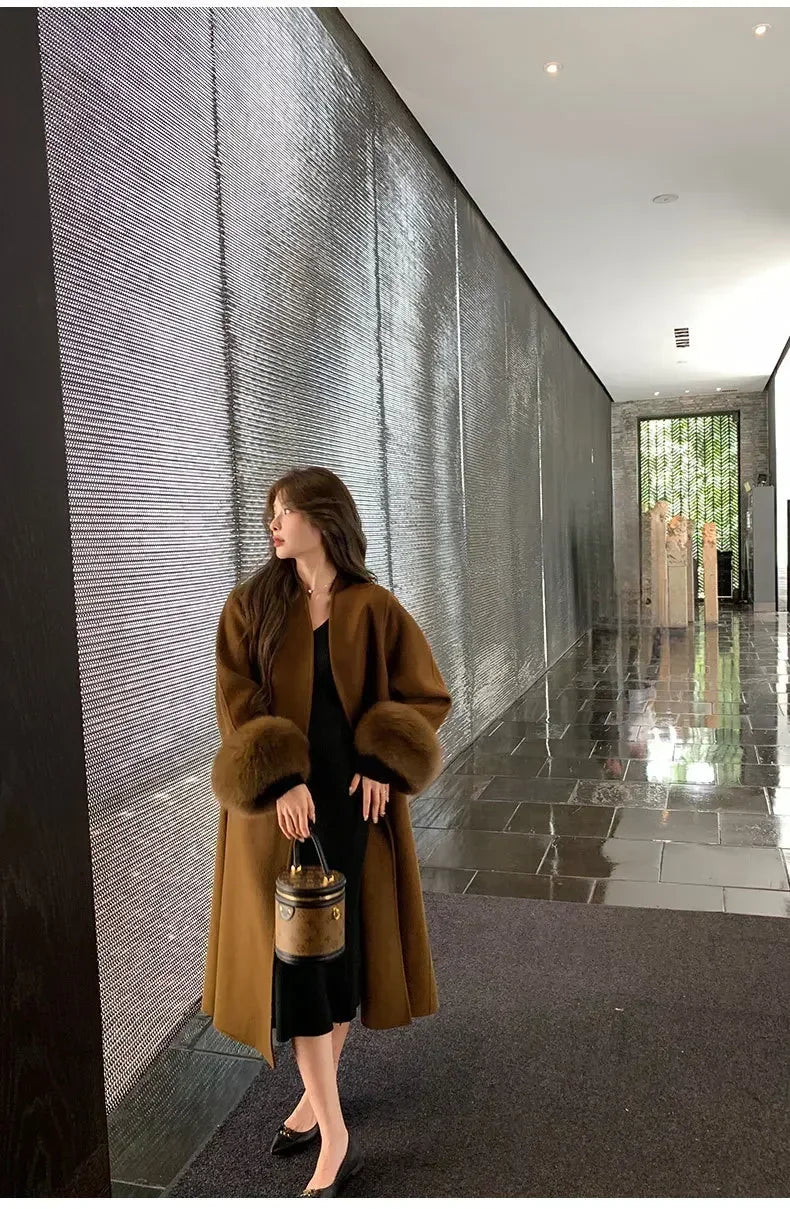 Elegant Warm Woolen Coats Real Fur Jacket with Belt Loose Fashion Outerwears 2024 Women Big Fur Collar Overcoats Female