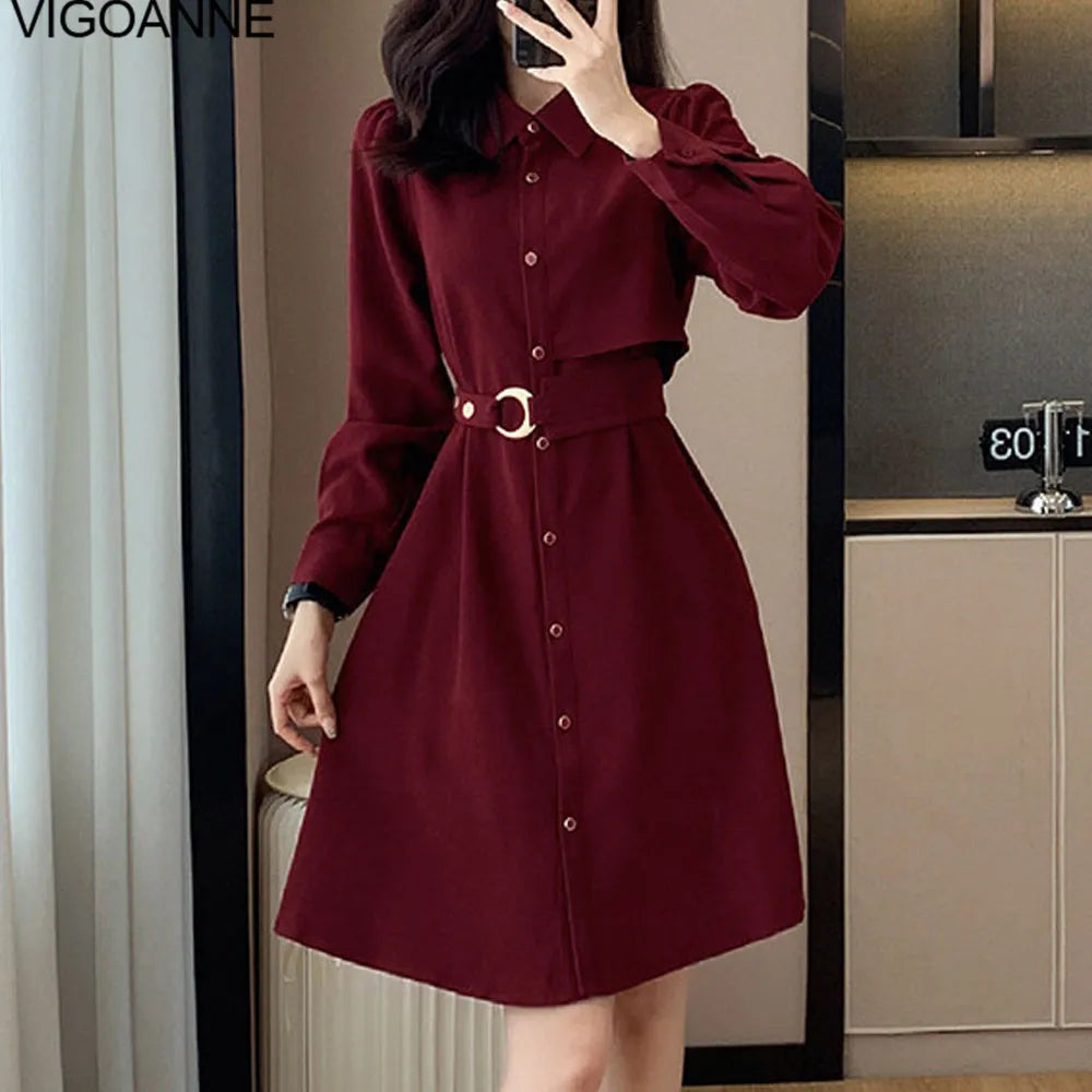 VigoAnne 2025 Woman Solid Long Sleeve Dress Spring Autumn Single Breasted Korean Casual Dresses Lady Evening Party Tight Dress