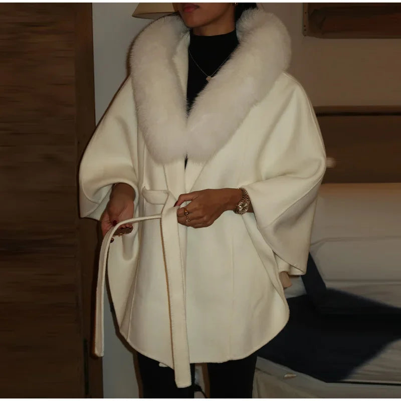 Elegant Fur Shawl Women's Coat Long Sleeve Patchwork Woolen Lace Up V-neck Solid Female Coats 2025 Autumn Winter Lady Jackets
