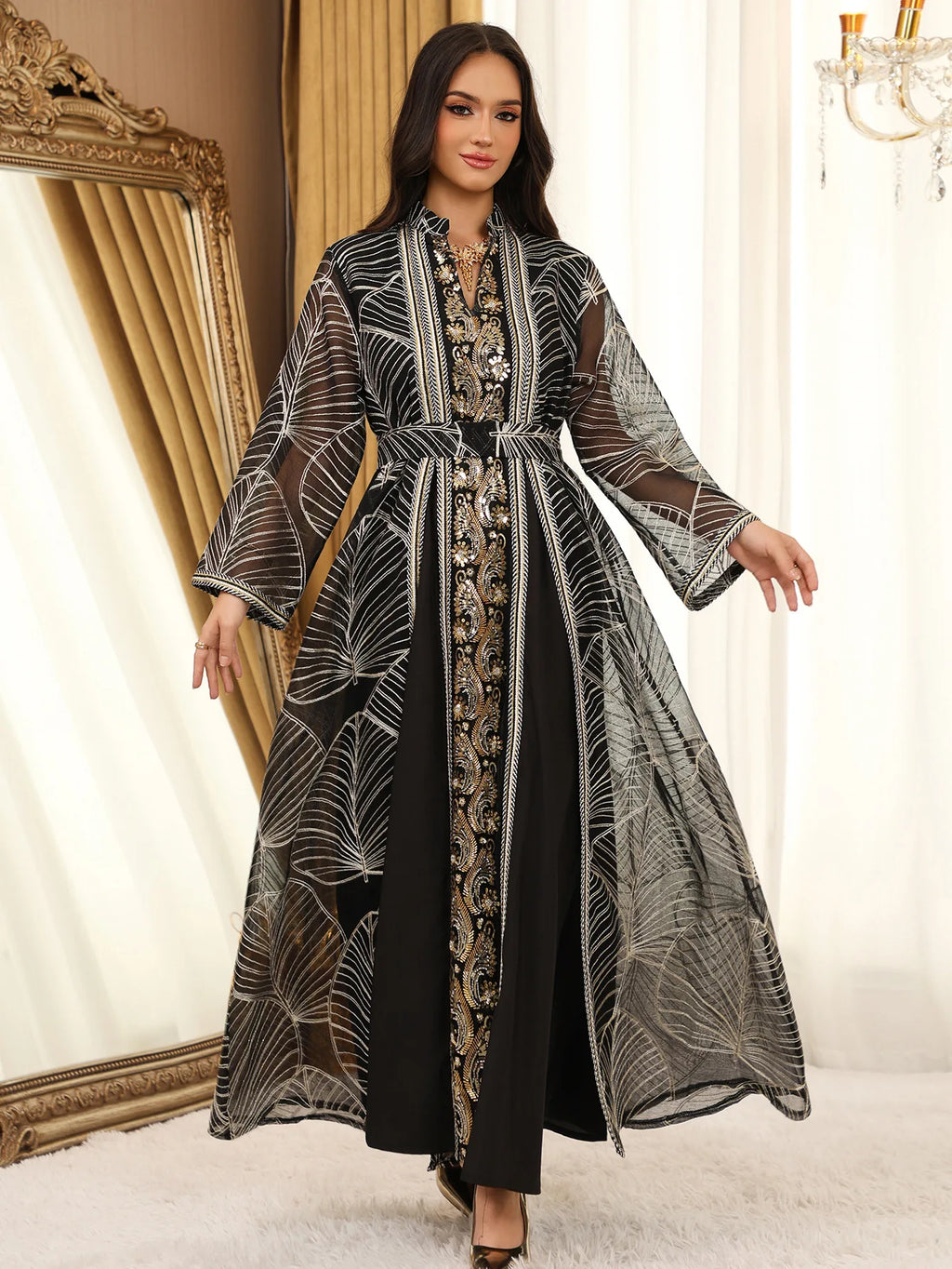 Women Mesh Sequins Dress Elegant Abaya  Eid Party Gorgeous Embroidery Dresses Lace-up Muslim Jalabiya  Vestidos Largos Robe 2025
