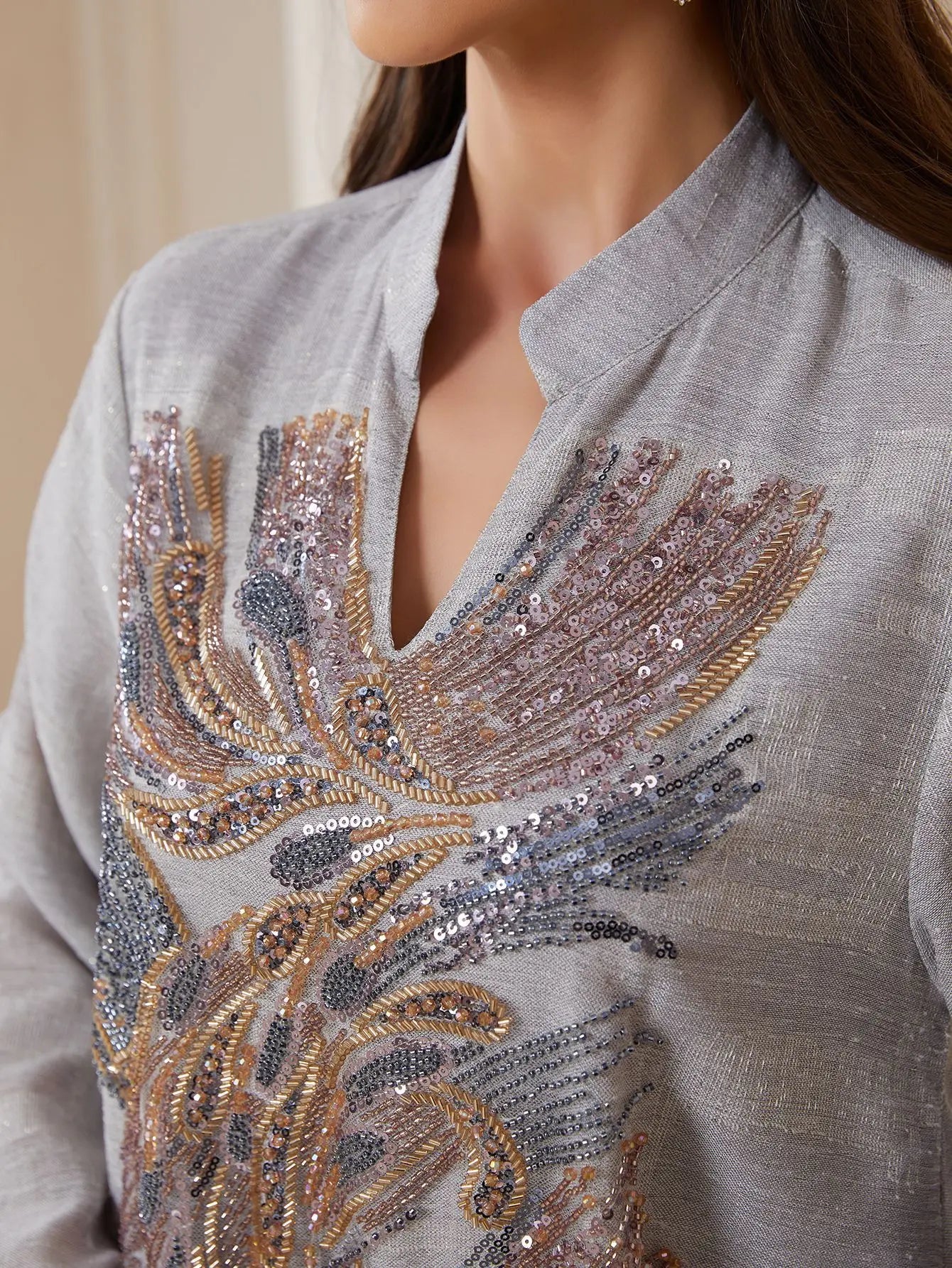 Uni Dubai Sequins Embroidery Luxury Woman Evening Dress Mesh Sleeve Abaya V-Neck Beaded Caftan Marocain Femme 2025