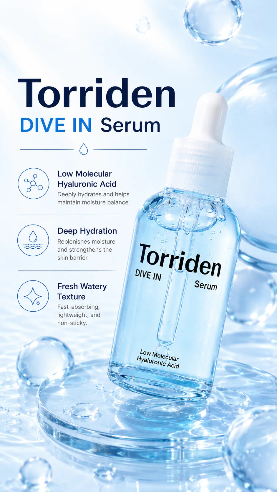 Torriden DIVE-IN Low-Molecular Hyaluronic Acid Serum 50ml,Featherlight,Moisture Retention Aid,Korean Skincare,for Korean Makeup