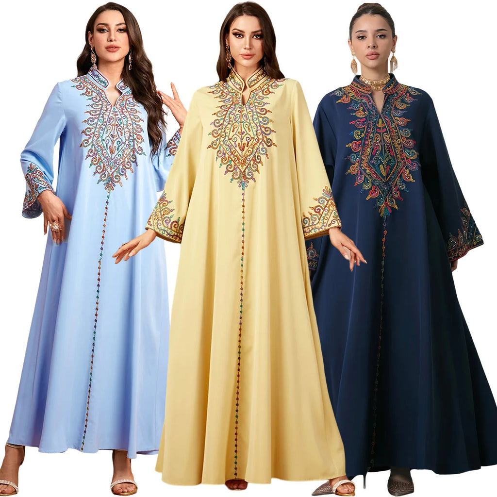 Uni Embroidery V-Neck Long Dress Dubai Arab Abaya For Muslim Woman Loose Moroccan Saudi Ethnic Jalabiya Fashion Robe 2026