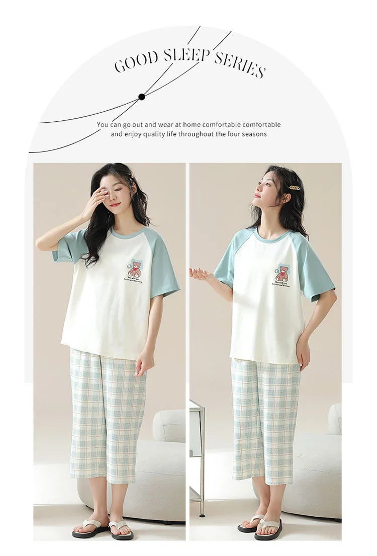New Summer Pajamas Homewear Suit Women's Short-Sleeved Long Pants Ladies Large Size Loose Leisure Homewear Two-Piece Set