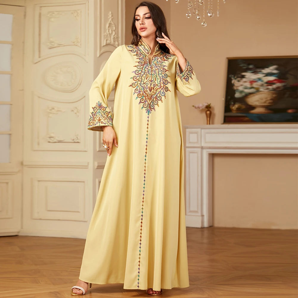 Uni Embroidery V-Neck Long Dress Dubai Arab Abaya For Muslim Woman Loose Moroccan Saudi Ethnic Jalabiya Fashion Robe 2026