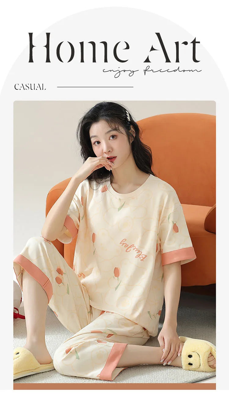 New Summer Pajamas Homewear Suit Women's Short-Sleeved Long Pants Ladies Large Size Loose Leisure Homewear Two-Piece Set