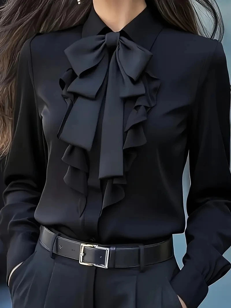 Women's Formal Shirt Collar Bow Tie Ruffles Long Sleeve Blouse