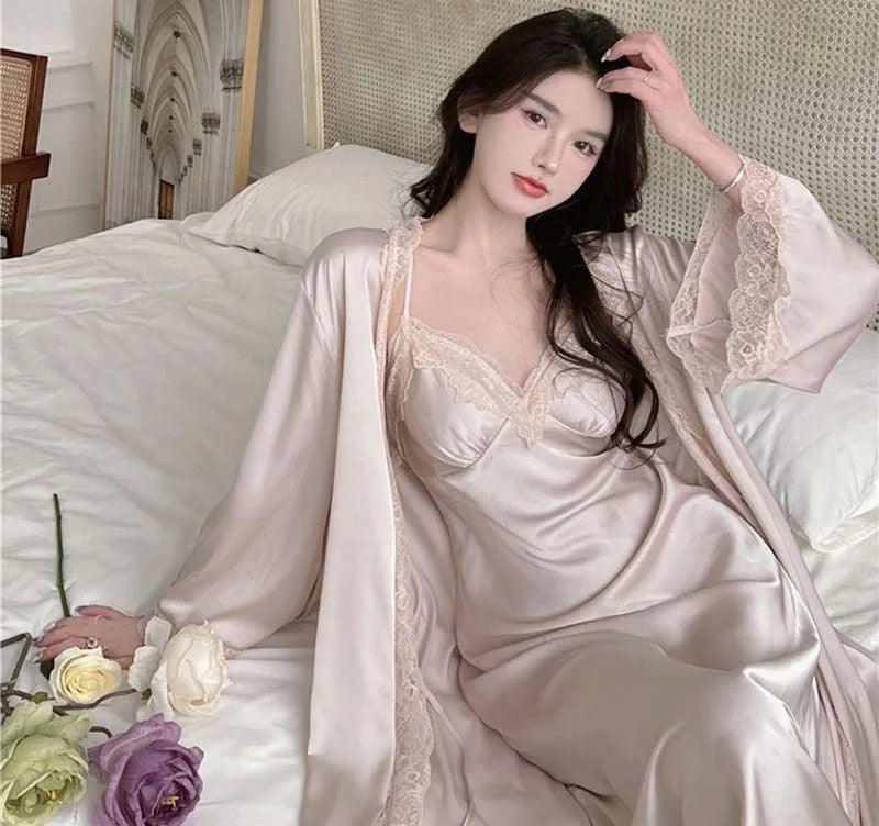 Sexy Ladies Silk Homewear French Pajamas Women's Spring And Fall Senior Ice Silk Extra-long Nightgown Wedding Bride Robe