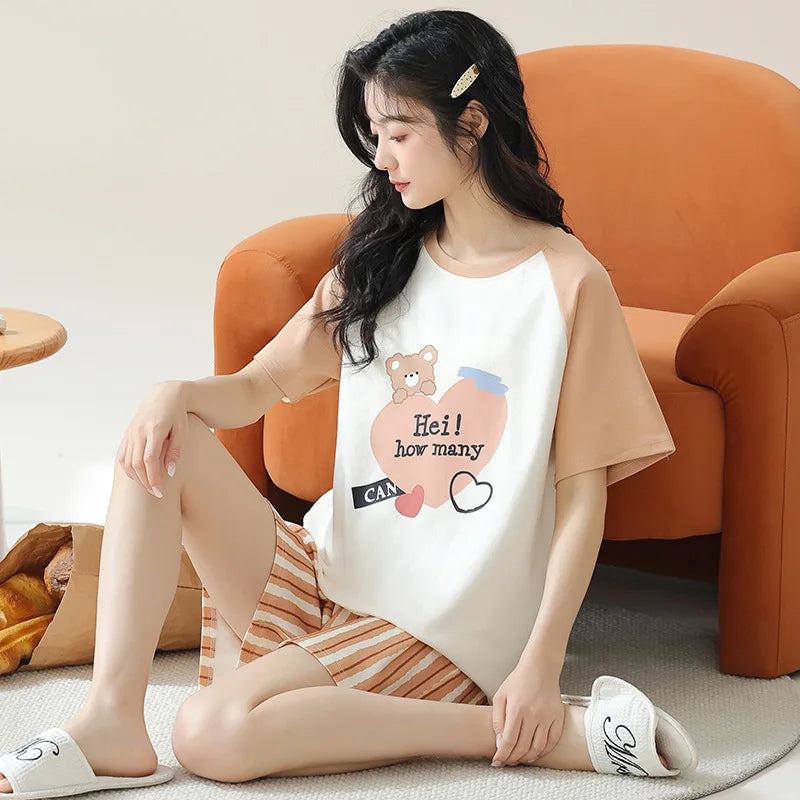 Dropshipping Female Pijamas Cartoon Summer Short Women Pajamas Sleeve Shorts Nightwear Sweet Sleepwear Pyjamas Woman Home Suit